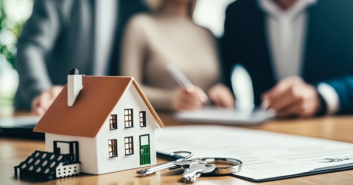 Home Sale in San Ramon, CA showing miniature house, keys on contract with agents